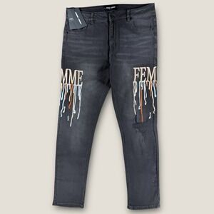 Homme Femme Distressed & Logo Patch Jeans BRAND NEW Sz 36 Denim Black